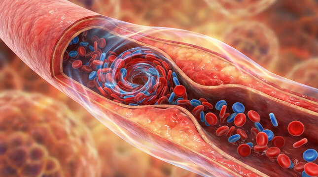 Blood flow turbulence pressure high normal artery vessel red blood cell blue blood cell circulation cardiovascular medical anatomy health biology human vein blockage disease plaque cholesterol