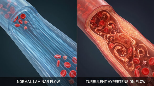 Normal blood flow vs high pressure turbulence in artery shows normal laminar flow with smooth movement of red blood cells and turbulent flow with chaotic swirls caused by high pressure