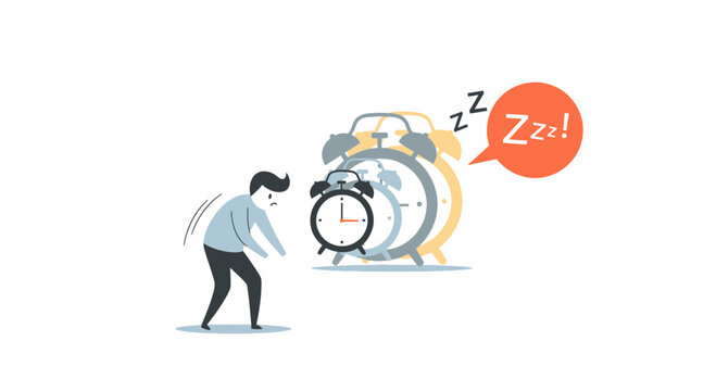 Tired person, sleepy alarm clock, morning fatigue, vector illustration, zzz, snooze button