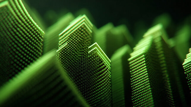 Abstract architecture structures rise in a geometric green landscape that conveys a sense of digital progress and modern technological innovation for future design projects.