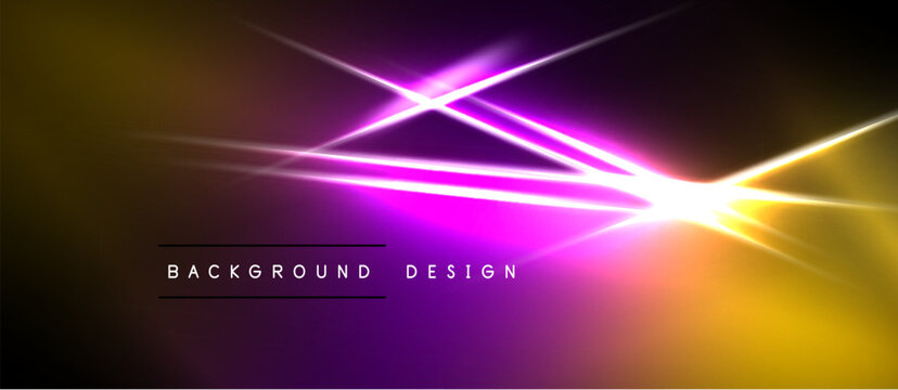 Abstract background features vibrant yellow, purple light streaks. Diagonal lines intersect creating dynamic visual effect. Dark borders frame design.