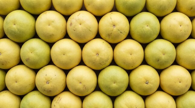 A neatly organized display of round yellow and green citrus fruits, possibly pomelos or grapefruits, arranged in a uniform grid pattern