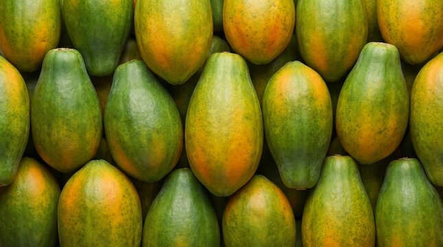 Fresh green and yellow papayas arranged in a neat grid pattern, displaying their vibrant colors and smooth, oval shapes, a healthy tropical fruit display
