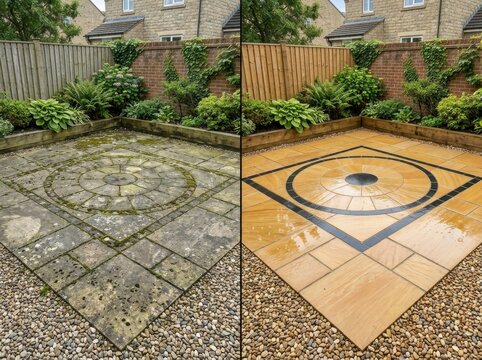 Before and after comparison of a backyard stone patio cleaning and restoration.