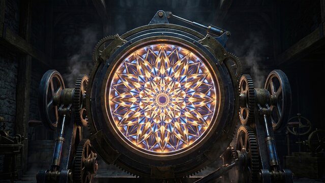 Intricate Steampunk Machine with Colorful Geometric Pattern Backlit in Dark Room