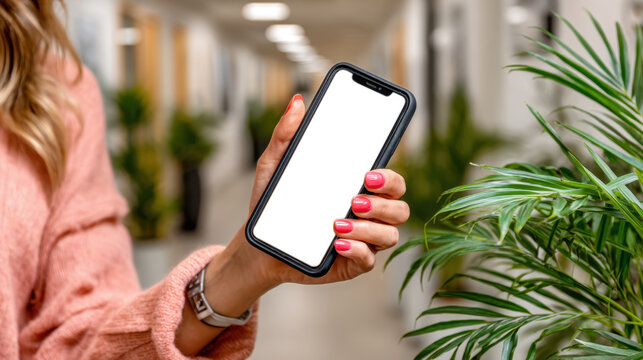 Woman holding smartphone for mobile banking app background with blank screen for app interface and ui demo