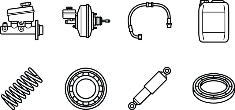 Automotive Mechanical Component Icon Set with Brake Booster Bearing Shock Absorber and Suspension Vector Outline Symbols