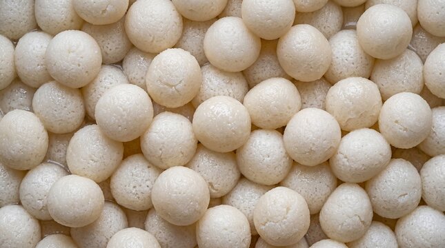 Close up overhead view of a plentiful pile of small white round Indian Rasgulla dessert balls in a sweet syrup a soft and spongy treat