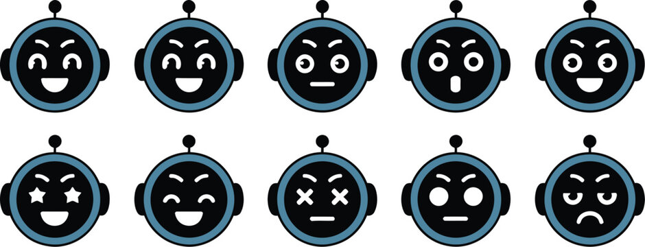 AI chatbot bot head emotions and facial expressions kit blue robot assistant face icons with happy expression vector set for conversational AI, virtual assistant and customer support interface design.