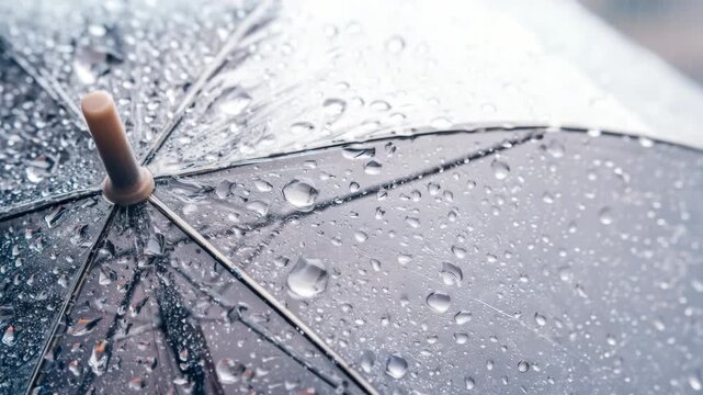 Close up of umbrella with water droplets on dark surface