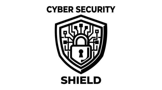 Cyber security shield with lock icon.
