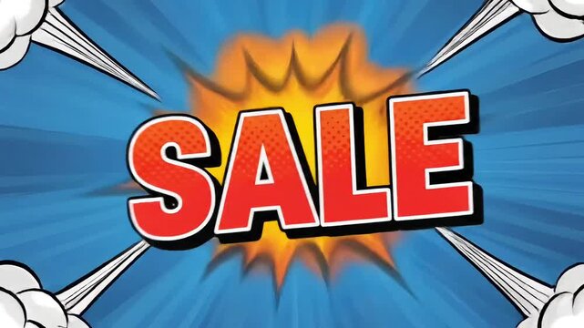 Dynamic comic book style sale explosion with bold vibrant colors and action impact clouds