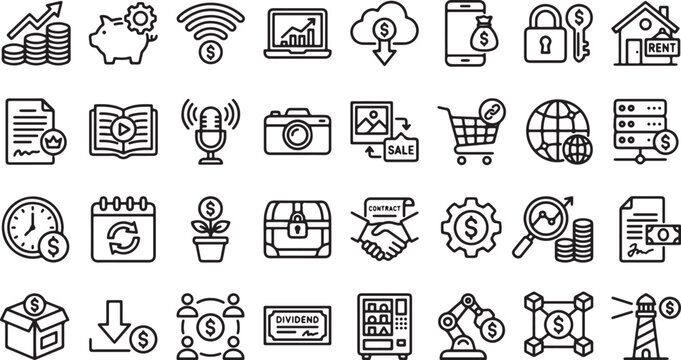 Business Finance And Investment Outline Icon Set With Digital Banking Marketing And Revenue Growth Elements