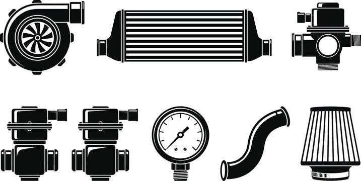 Automotive Parts Icon Set Featuring Turbochargers, Intercoolers, Valves, Pressure Gauges, Pipes, and Air Filters for Car, Engine, and Mechanic Applications