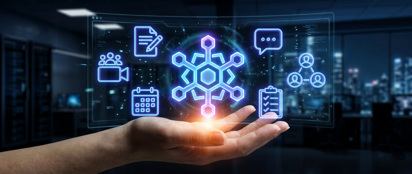 Hand holding digital blockchain and cryptocurrency network concept with glowing icons