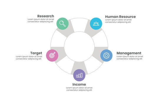 5 step, option, part or process circle wheel venn diagram infographic design
