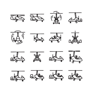 Autogyro Aircraft Icons With Various Views And Pilots In Simple Outline Style