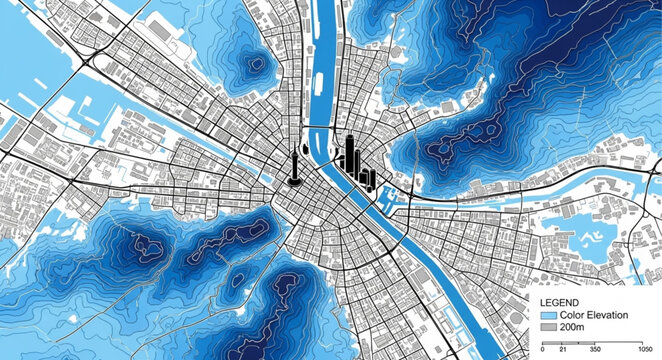 Topographic map showing potential flood zones in a city.