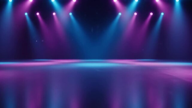 Empty stage with purple and blue spotlights shining down creating a vibrant atmosphere for a performance