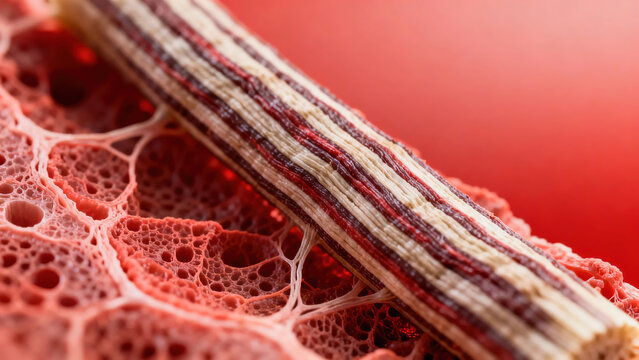 The fibrous structure of human skeletal muscle cells: skeletal muscle cells are long fibers with alternating light and dark striations.