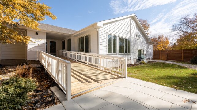 Accessible home exterior with a wooden wheelchair ramp