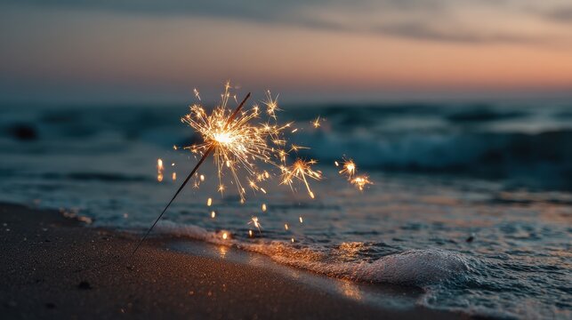 Sparkler burning on a sandy beach at twilight