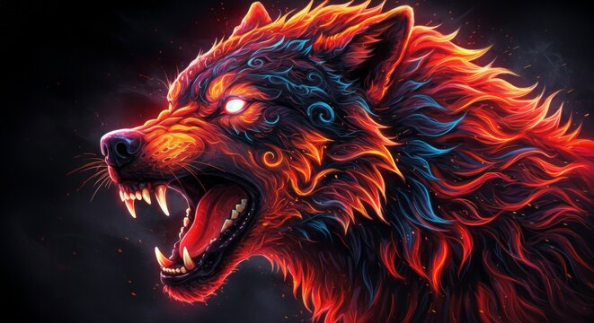 Stylized snarling wolf with fiery red fur and glowing blue patterns on a dark background