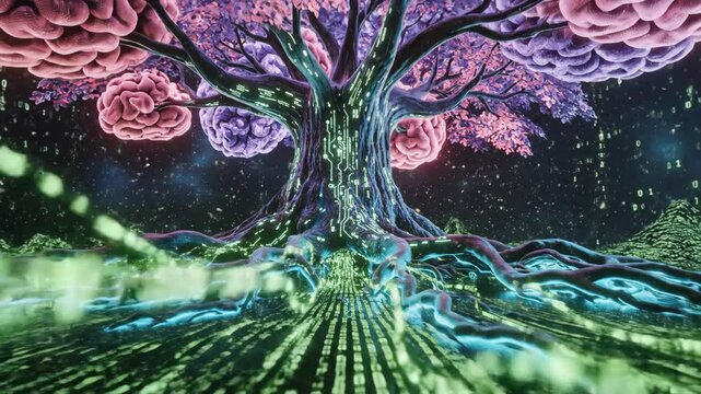 AI brain tree with glowing circuits in digital data landscape