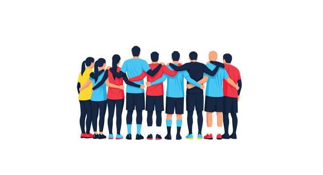 A diverse group of individuals in colorful team jerseys stands together in a unified huddle with arms locked against a stark, empty white background space.