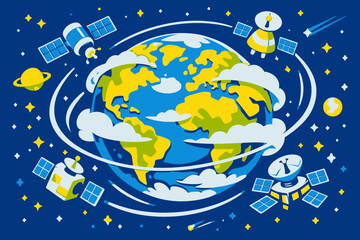 Fototapeta premium Stylized Vector Illustration of Earth and Satellites in Space
