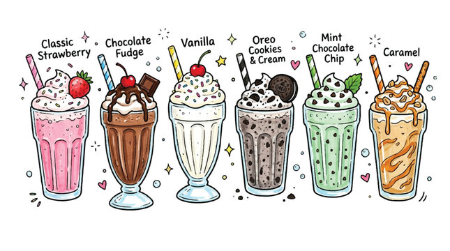Various Milkshake Flavors Doodle Set. Hand Drawn Sweet Beverages with Labels on White Background. Colorful Dessert Smoothies Illustration for Cafe Menu and Decoration.