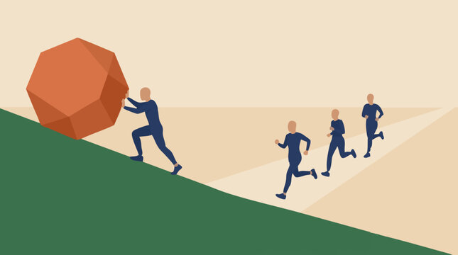 Man pushing boulder uphill, others running easily, different paths