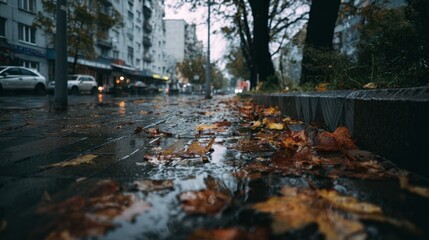 Fototapeta premium Wet autumn street with fallen leaves after rain