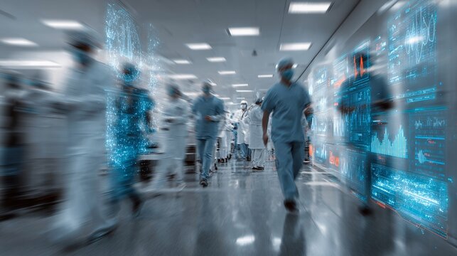 Blurred scene of healthcare professionals in scrubs navigating a high-tech hospital environment.