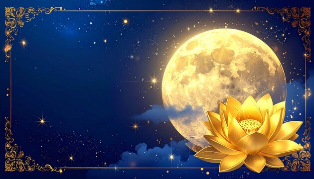 a luxurious and elegant Buddha Purnima celebration, featuring glowing golden lotus flowers in front of a large, bright full moon. The atmosphere of the dark blue night sky filled with twinkling starss