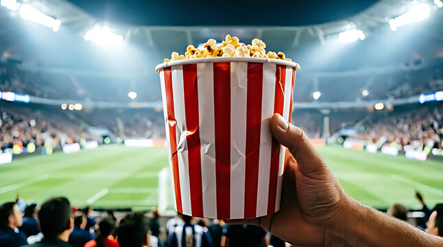 popcorn in the cinema, Hand holding red and white striped popcorn bucket at sports stadium