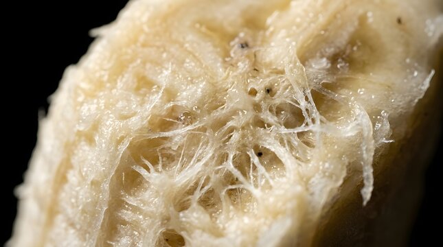 Closeup of a ripe bananas fibrous texture on a black background