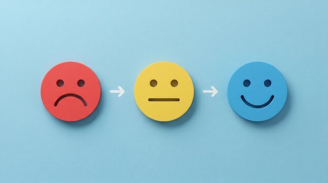 Customer satisfaction and mood improvement concept, 3D render illustration. Feedback loop and emotional journey from sad to happy face.