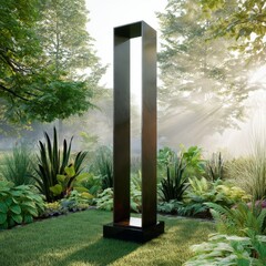 Obraz premium Tall Sculpture Stands in a Green Park Surrounded by Trees and Plants During Morning Light
