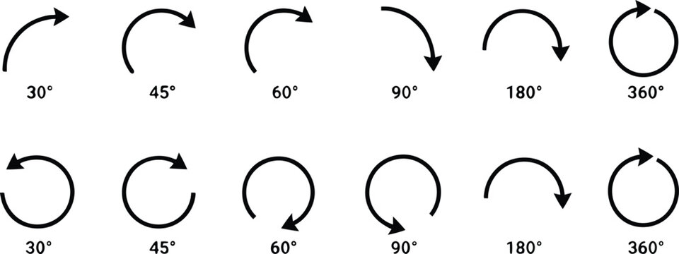 Circular rotation arrow icon set with degree angles clockwise and counterclockwise, vector illustration