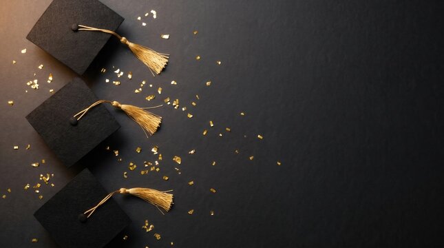 Graduation achievement concept with black mortarboards and gold tassels on dark background. Celebration of academic success, commencement ceremony and university diploma.