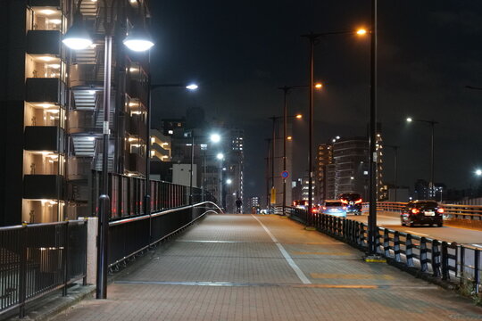 街灯に照らされる夜の歩道