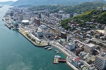 Obraz premium Aerial drone photo of Onomichi city waterfront and Onomichi Strait, Hiroshima, Japan
