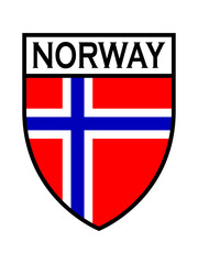 Obraz premium Shield-shaped emblem featuring the national flag of Norway with the word 'NORWAY' in a white header.