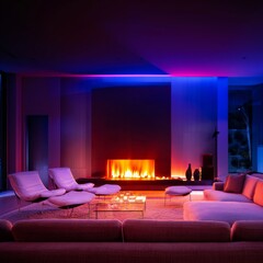 Fototapeta premium Warm Fire Illuminates Modern Living Room With Stylish Furniture and Large Windows at Night