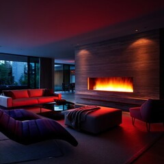 Obraz premium Warm Fire Illuminates Modern Living Room With Stylish Furniture and Large Windows at Night
