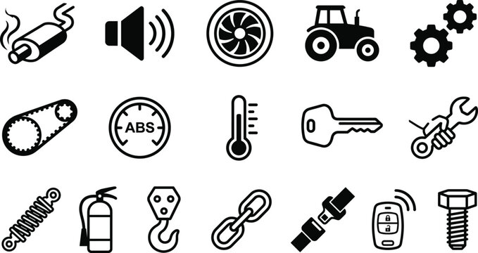 Automotive System and Safety Icon Set with ABS Gauge Key Chain Gear Tractor Fan Exhaust and Mechanical Equipment Symbols