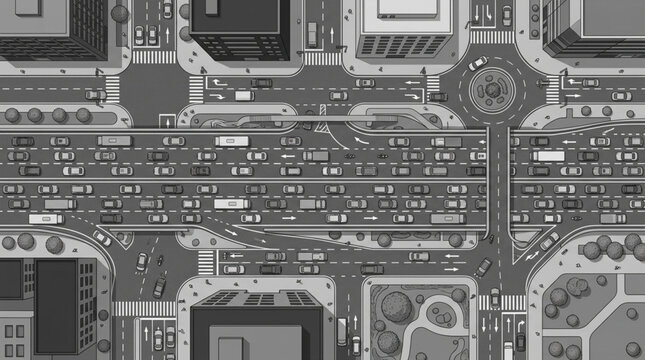 Aerial view of a busy city intersection with heavy traffic congestion.