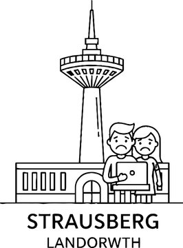 Sad couple with laptop in front of urban tower landmark