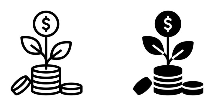 2 Money Growth silhouette icons coin stack plant leaves, solid black style, business finance set